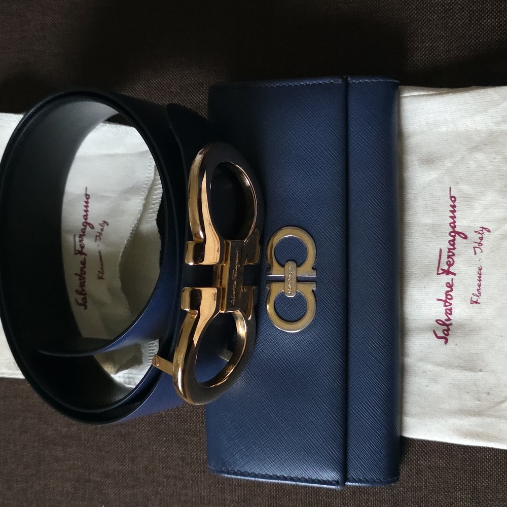 Salvatore Ferragamo Blue Wallet and Belt with Gold Buckle.